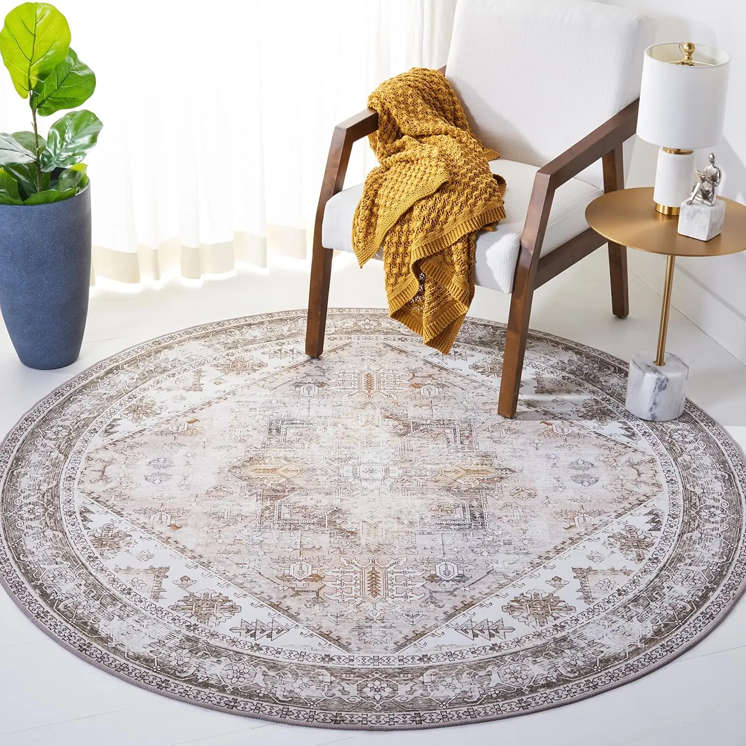 

Washable Rug Tucson Collection - 10' Round, Beige & Grey, Slip Resistant, Ideal For High Traffic Areas In Living Room, Bedroom,