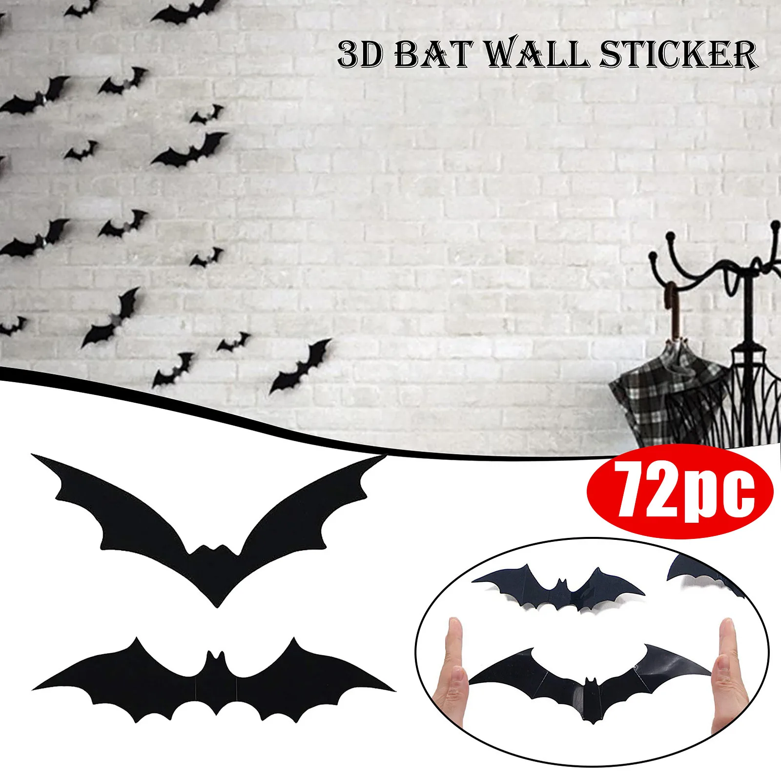 72pcs Halloween 3D Bats PVC Scary Wall Decorative Sticker for Halloween Party Supplies DIY Home Decor Wall Decal Window Decors