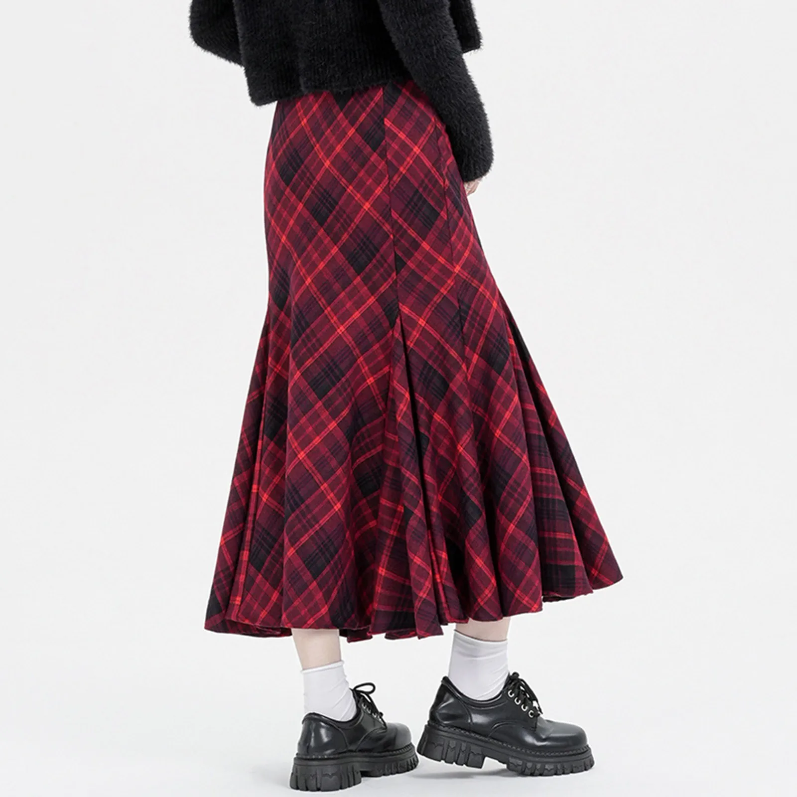 Autumn And Winter Retro Skirts Red Woolen Plaid Print Suit Skirt For Women Elastic High Waisted A-line Long Fishtail Skirt