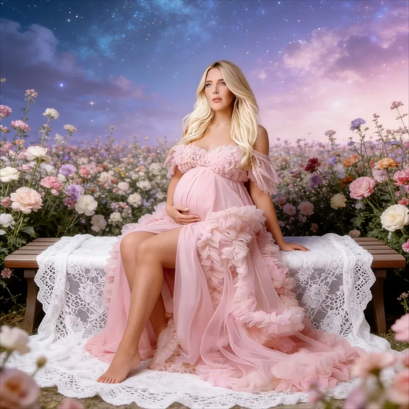 Maternity Photoshoot Dress - Luxury Tulle Baby Shower Gown with Layered Ruffles, Sleeveless Elegant Pregnancy Dress for Women