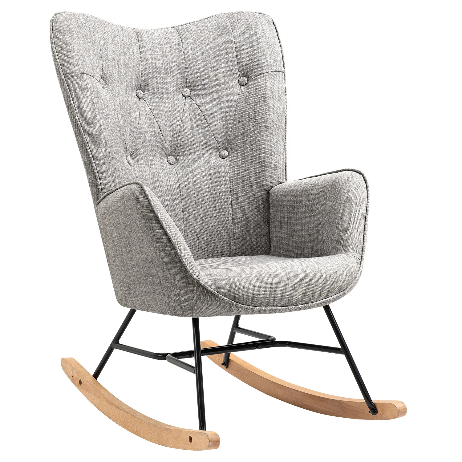Fauteuil avec accoudoirs et assise rembourrée pour salon et chambre à coucher – Structure en métal et piètement en bois – Tissu gris – 68 x 84 x 99,5 cm
