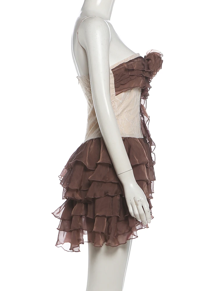 Weird Puss Tiered Kleid Damen 3D-Blumen-Patchwork Jacquard Reißverschluss Brustwickel Ärmellos Süß Elegant Modisch Schick Mini Bodycon – Detail 5