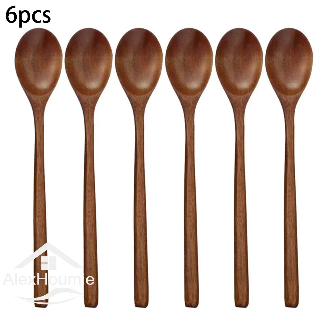 6 Piece Wooden Spoon Bamboo Kitchen Korean Style 9 '' Inch Natural Wood Soup Tableware Cooking Honey Coffee Spoon Mixing Spoon