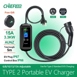 15A Big Power AU Plug 3 Pins Type 1 Type 2 EV Charger for Electric Vehicles Charging 5m 220V 8A 10A 13A Switch Chiefleed