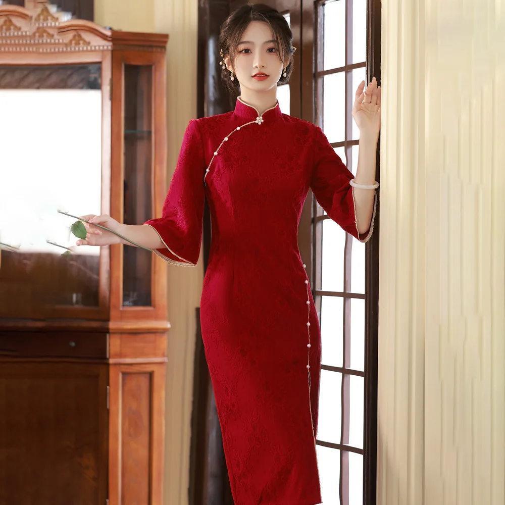 Wine Red Chinese Style Lace Cheongsam Chenille Elegant Bride Wedding Dress Women 3/4 Sleeve Front Split Formal Evening Dress