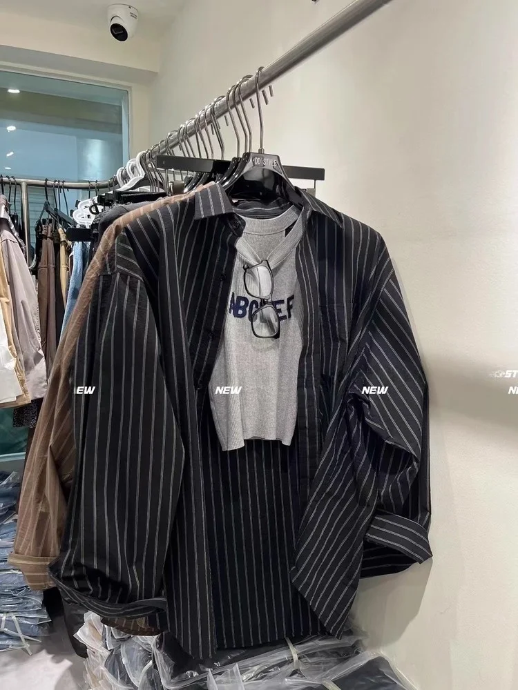 여성용 루즈핏 긴팔 스트라이프 셔츠, 커피색 캐주얼 슬레 버튼업 탑, 빈티지 가을 신상품, 동대문