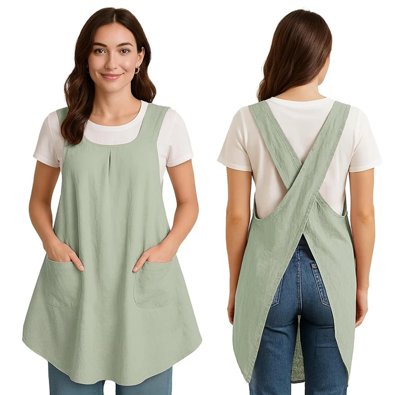 Apron with Pocket Cotton Linen, Japanese Back Apron for Gardening Painting Green-ABLL