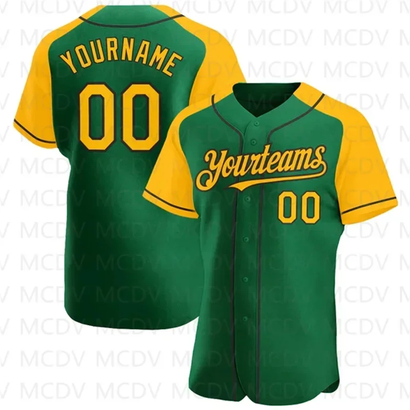 Custom Kelly Green Gold-Black Authentic Raglan Sleeves Baseball  3D Printed for Men and Women Casual Team Shirts  Unisex Tops