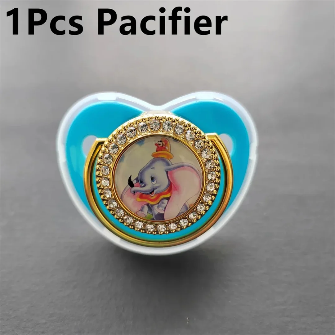 [Cartoon elephant print] Baby Baby Pacifier Clip Cover Rhinestone Blue luxury pacifier Newborn silicone nipple Baby Shower Gift