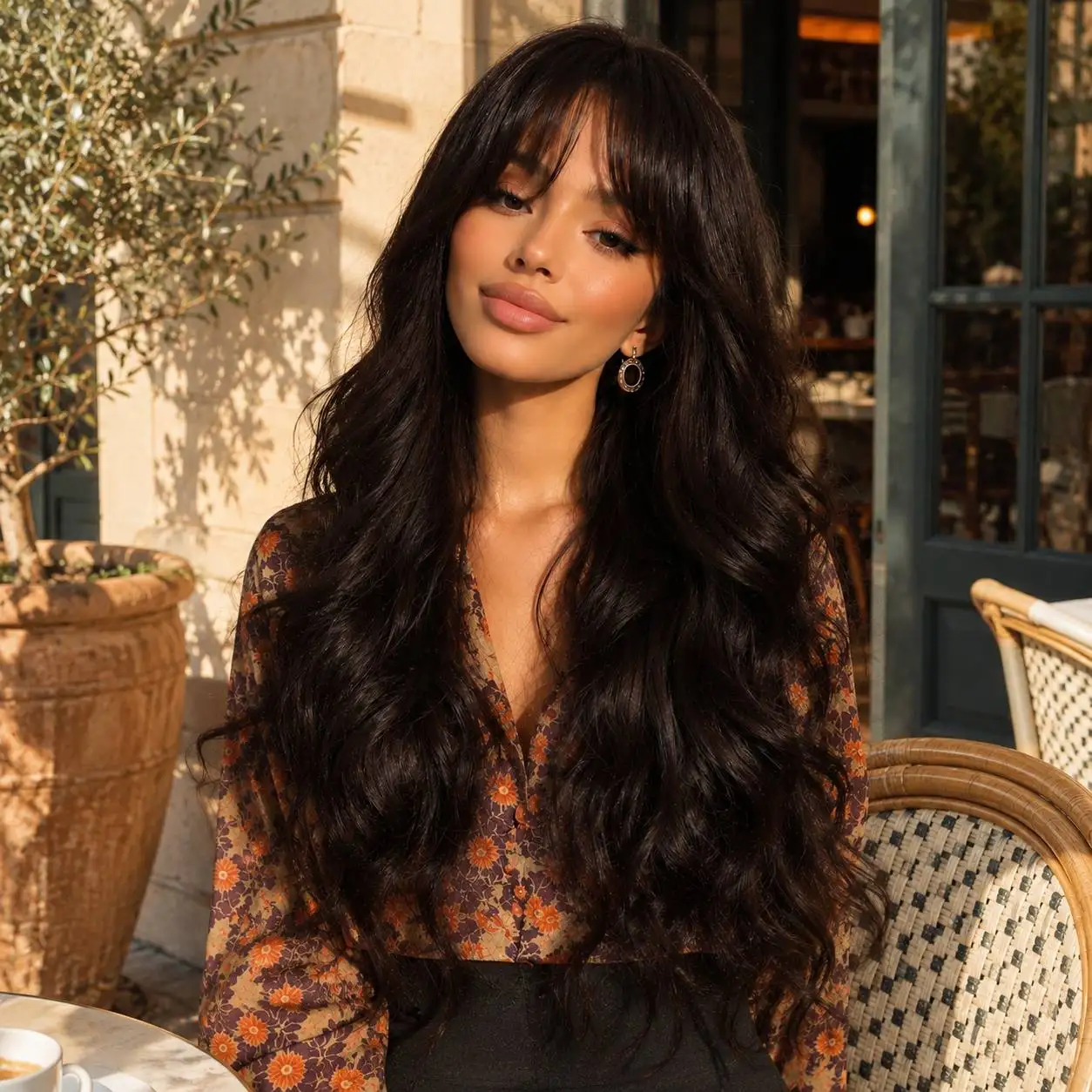 28-Inch dark brown long wavy wig with airflow bangs, rose mesh breathable cap, Halloween, Cosplay, parties and gifts