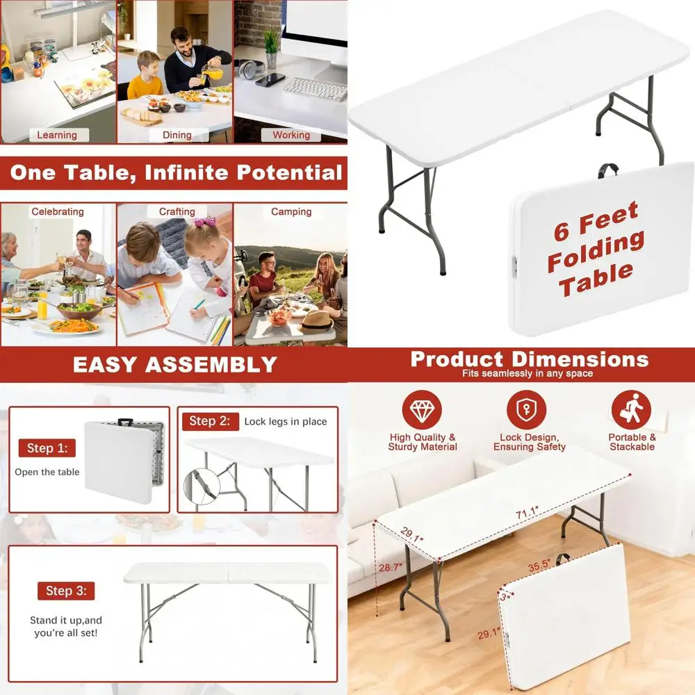 

Складной многофункциональный стол, 6 футов, усиленный, подходит для использования в помещении, на улице, для кемпинга, пикников и вечеринок