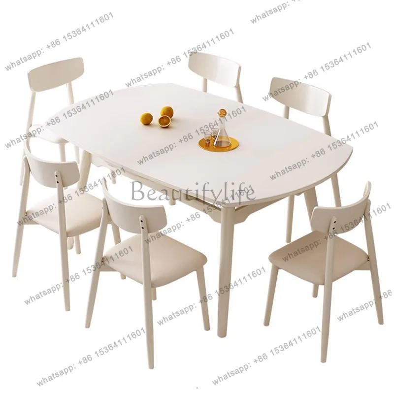 

Cream wind solid wood rock slab dining table small household modern simple retractable folding round table