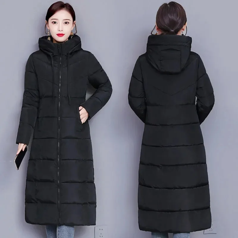 New Women's Long Down Cotton Coat Horn Buckle Winter Thick Warm Padded Jacket Female Korean Casual Hooded Parker Cotton Clothes