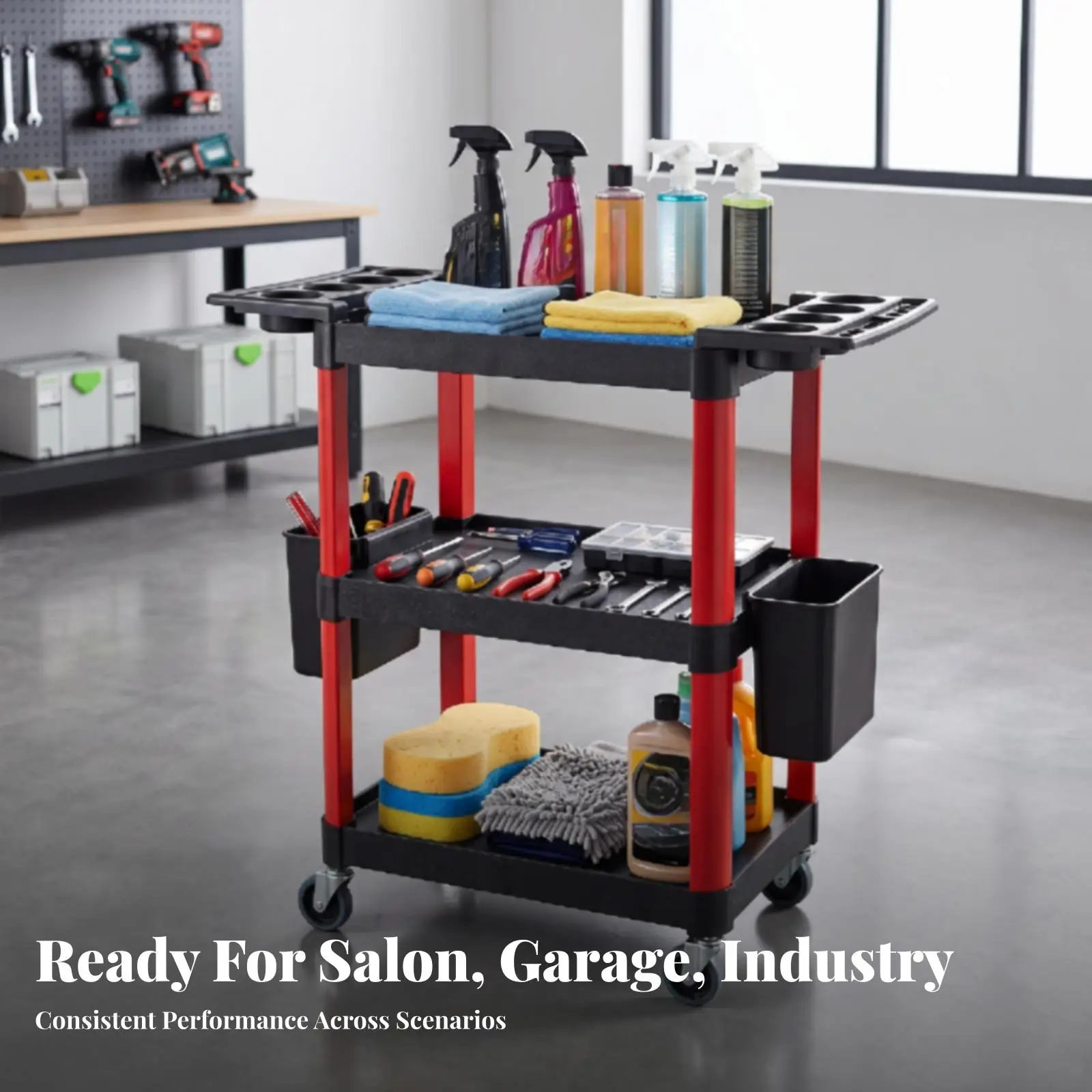 Rolling Utility Cart with Wheels Three Tier Mobile Storage Organizer for Car Detailing Supplies Garage Workshop