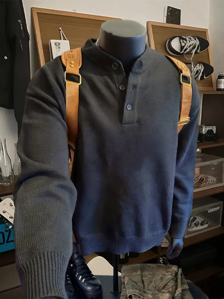 

Мужской вязаный свитер Pure Bla в стиле ретро с воротником Генри, повседневный, с длинным рукавом, осенний, базовый трикотажный джемпер