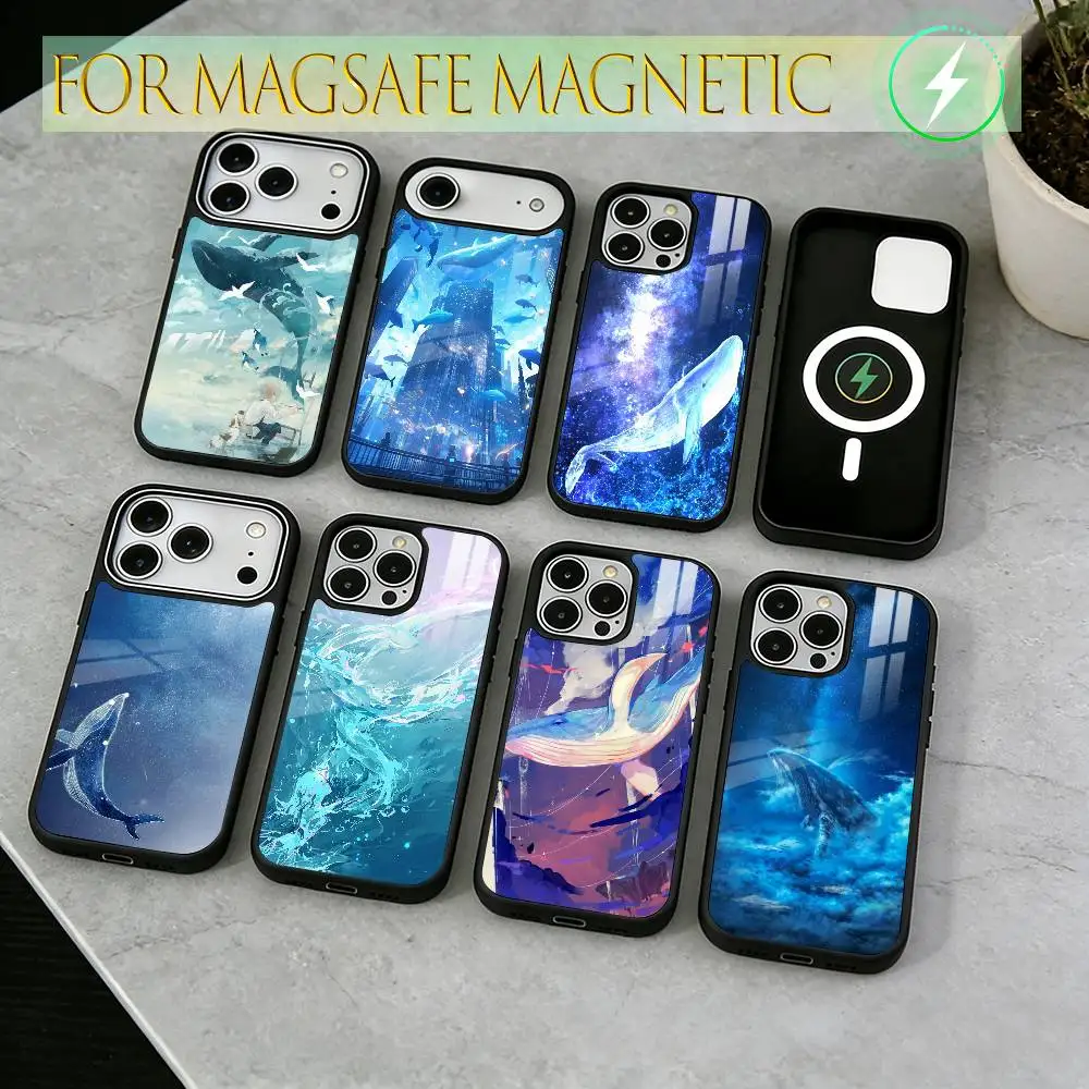 

Глубоководье, звездное небо, синий кит. Чехол для iPhone 17, 16, 15, 14, 13, 12, 11 Plus, Pro, магнитный, для беспроводной зарядки Magsafe