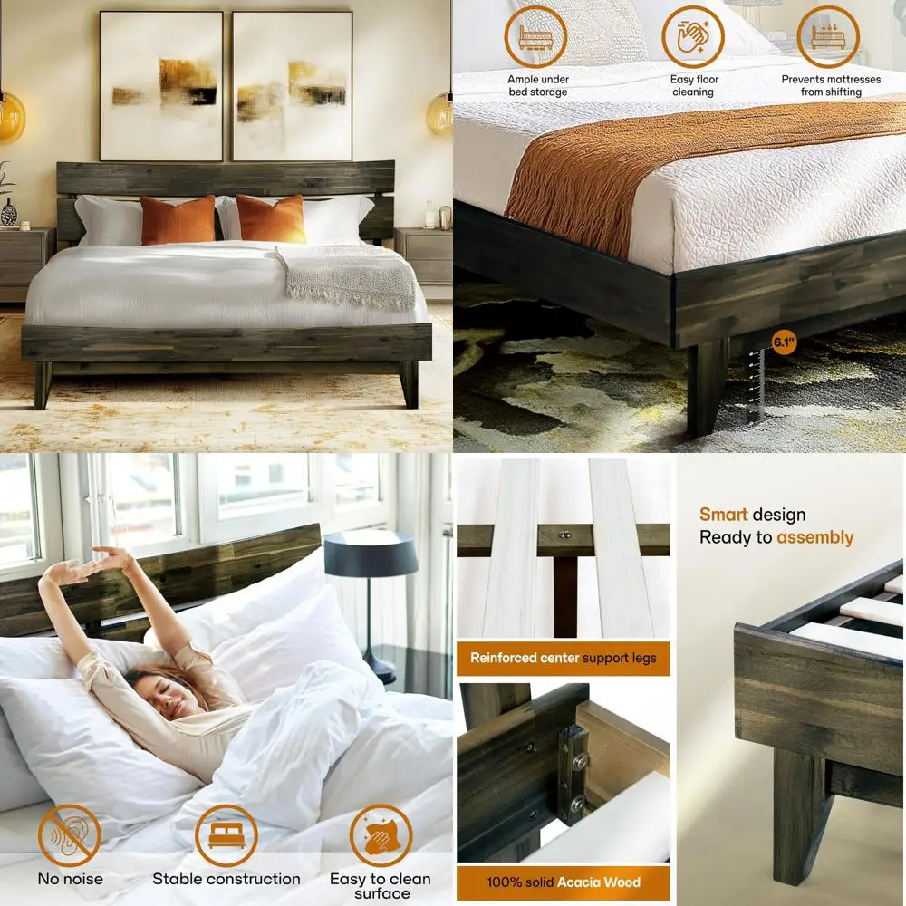 

Queen Size Acacia Wood Platform Bed Frame with Headboard, Contemporary Solid Wood Bed, Aurora Signature Design