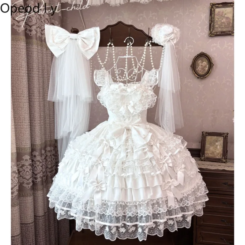 

Sweet Retro Court Style Lolita Lace White Women's Dress Japanese Original Lace Bow Princess Style Cake Fluffy Jsk Dress