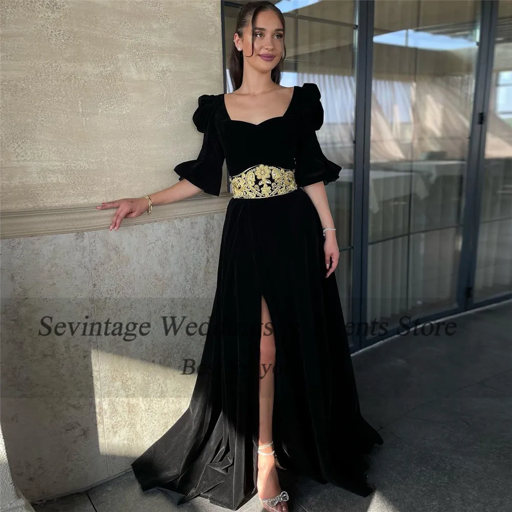 Sevintage Customized Black Prom Dress A-Line Puff Sleeves Lace Appliques Formal Evening Dress High Slit Floor Length Party Gowns