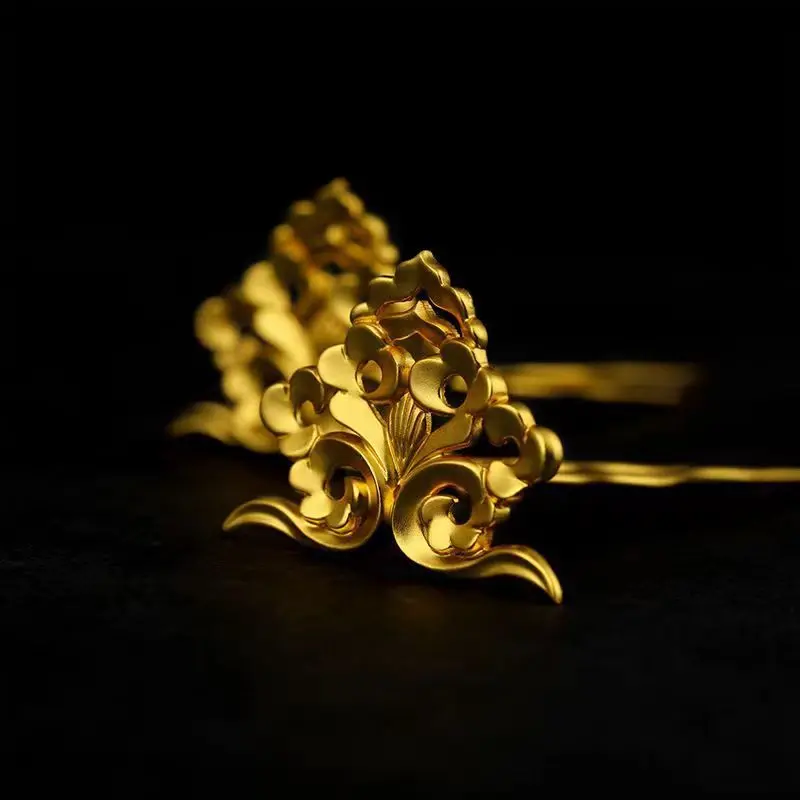 Vintage Chinese Traditional Tang Dynasty Auspicious Cloud Pattern Gold Plated Copper U Shaped Hairpin Lucky Blessing Hair Stick