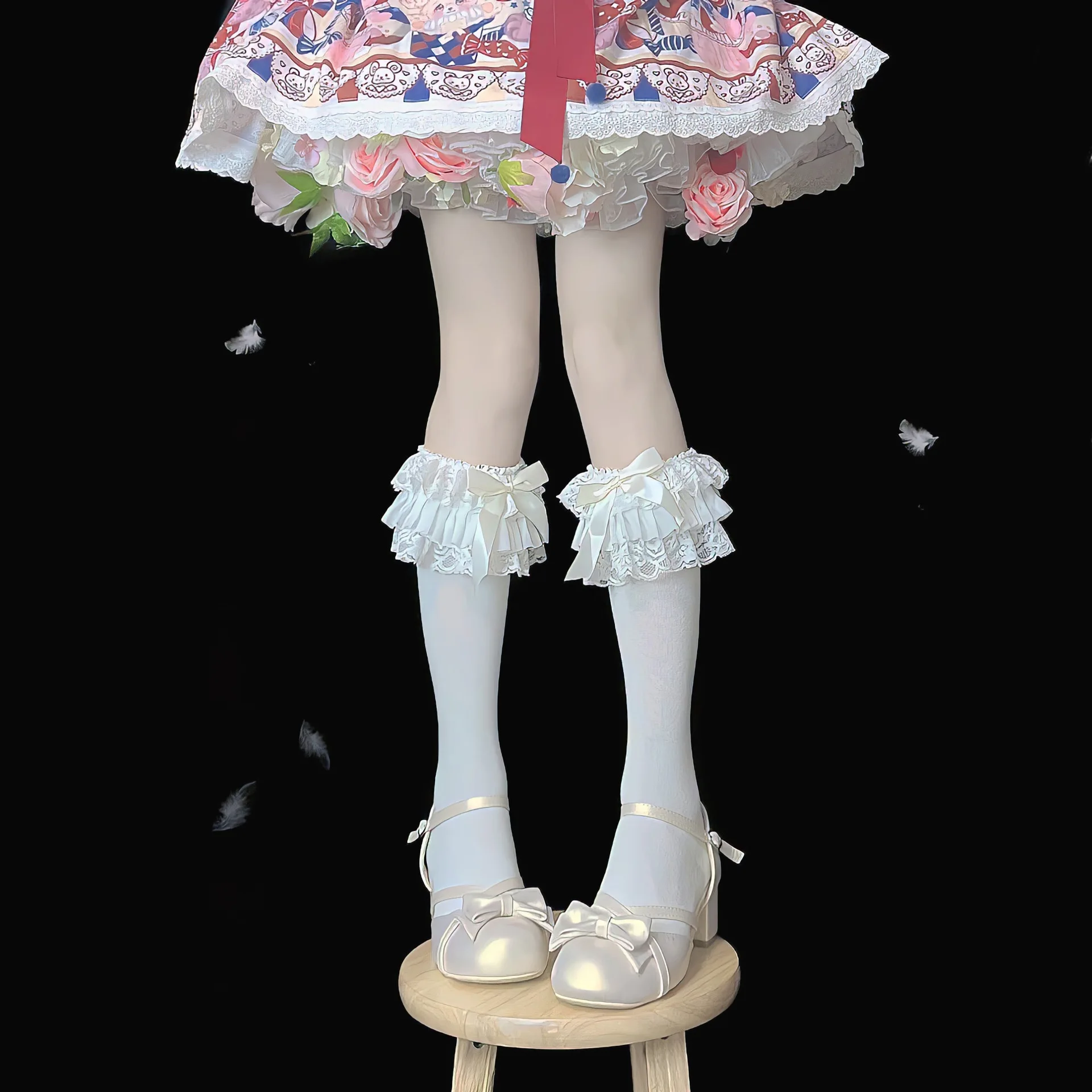 Calcetines hasta la rodilla de encaje Lolita para niña, medias de algodón con nudo de lazo, dibujos animados, disfraces de princesa, accesorios de Cosplay