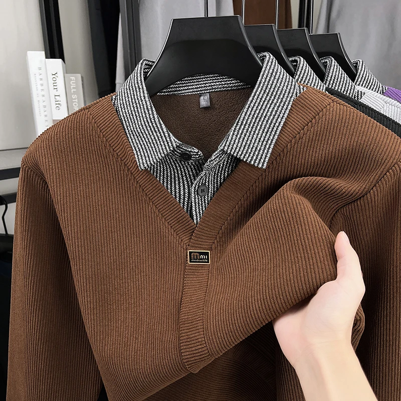 Высококачественный мужской трикотаж с длинными рукавами, ложный двухсекционный пуловер с лацканами на одной пуговице в корейском стиле, зимняя качественная мужская одежда для отдыха