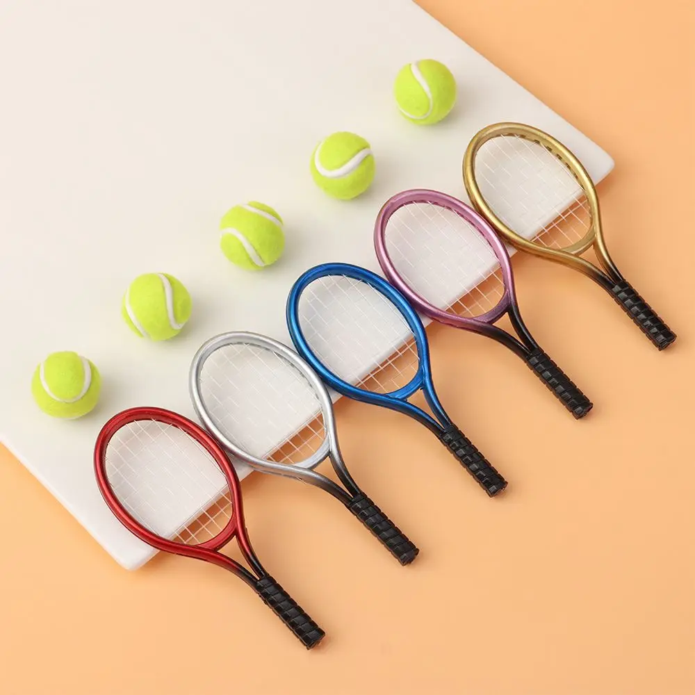 1 Set 1/6 1/12 Miniature Sport Tennis Model Children Garden Mini Doll Tennis Racket Ball Doll House Dollhouse Accessories