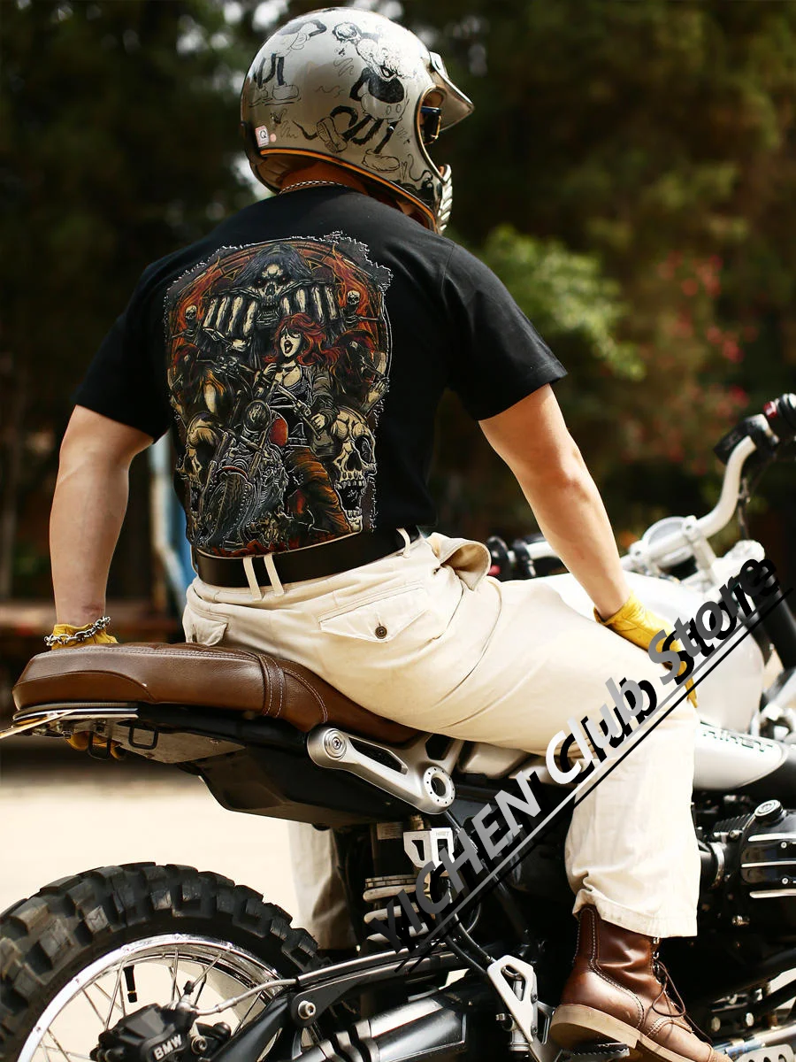

American Retro Heavy Metal Rock Style Printed T-Shirt Motorcycle Cycling Suit Summer Cotton Casual Men's Short-Sleeved T-Shirt