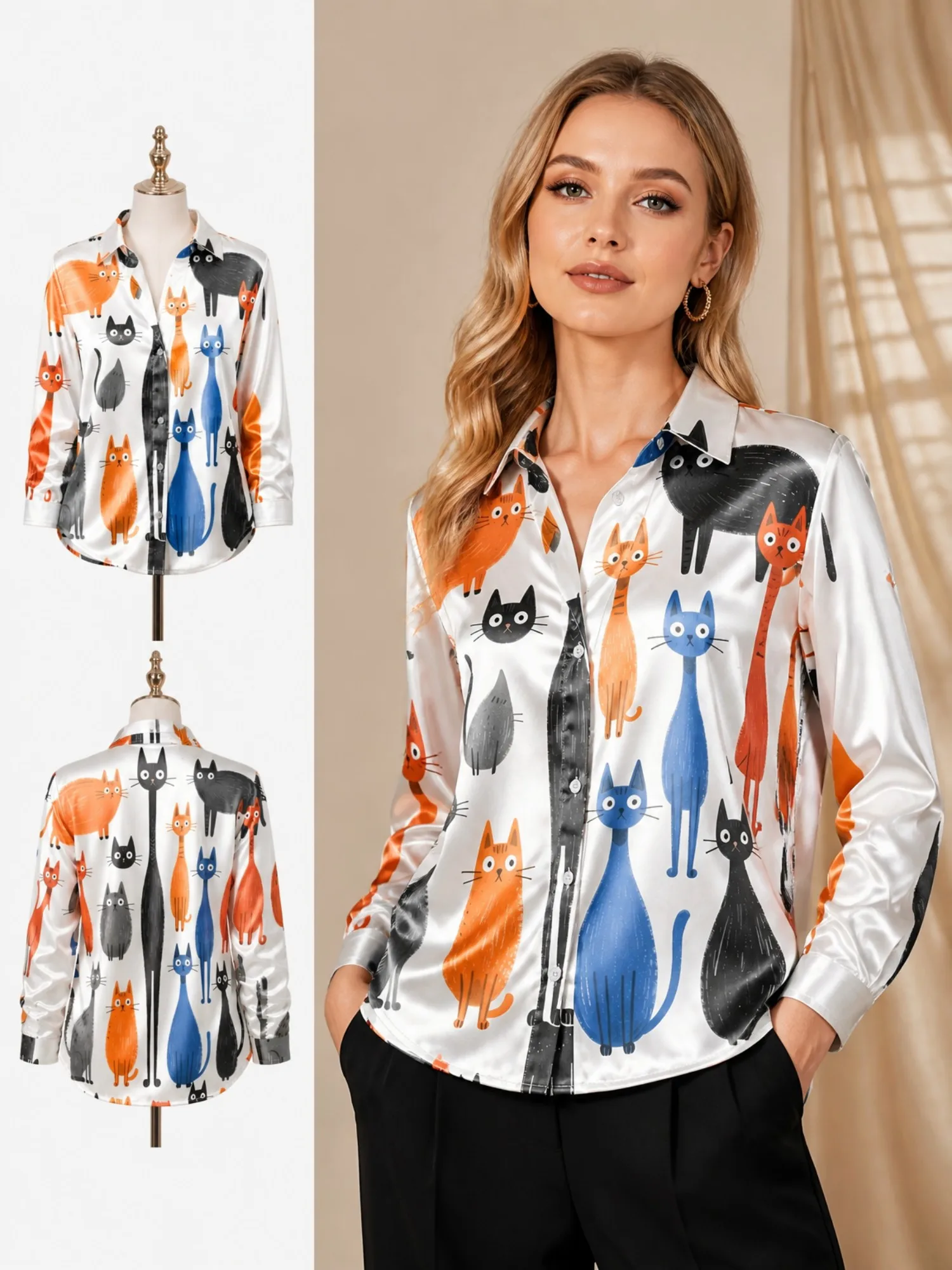 

White Cartoon Cat Satin Button Shirt for Women Blue Orange Black Cat Print Long Sleeve Blouse Cute Pet Lover Casual Fashion Top