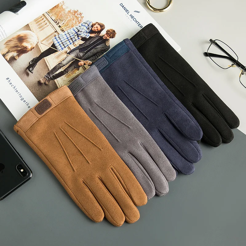 Winter Suede Man Gloves Keep Warm Plus Velvet Thicken Touch Screen Riding Run Mountaineer Windproof Mens Men Male Gloves