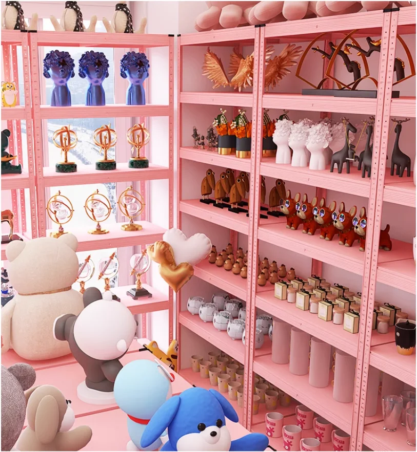 

Pink shelves display cabinet shelves multi-layer supermarket convenience store broadcast room display storage iron shelves