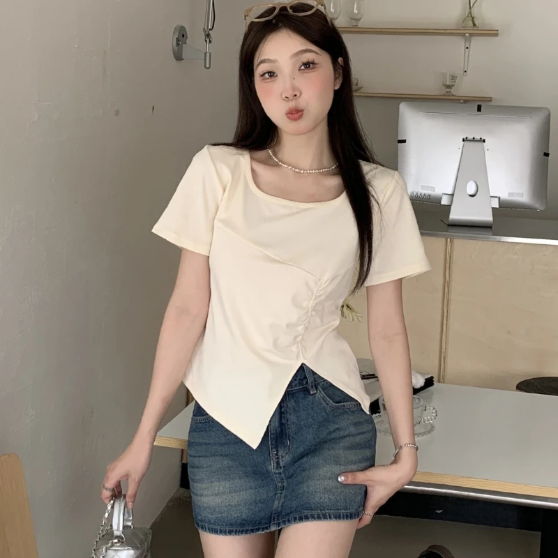 

Irregular Square Collar Short-sleeved T-shirt for Women in Summer New Style for Flesh Covering and Short Shoulder Top