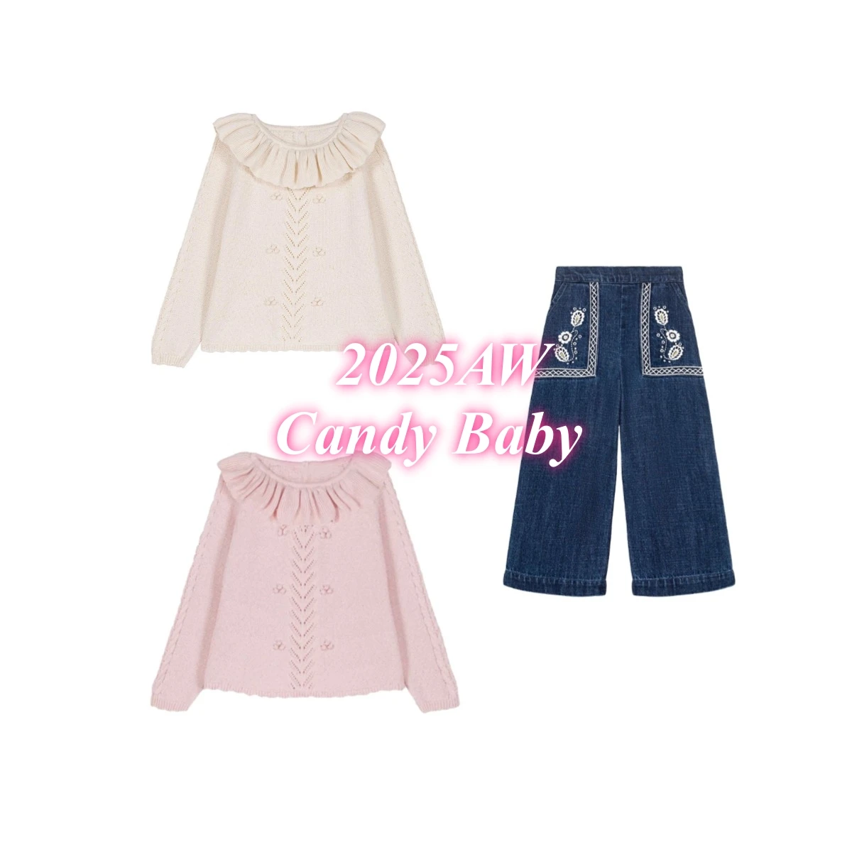 

Candy Baby Kids Clothes 2025 Autumn/Winter New Girl Princess Warm Petal Collar Hoodie Knitted Bottom Shirt Flower Jeans