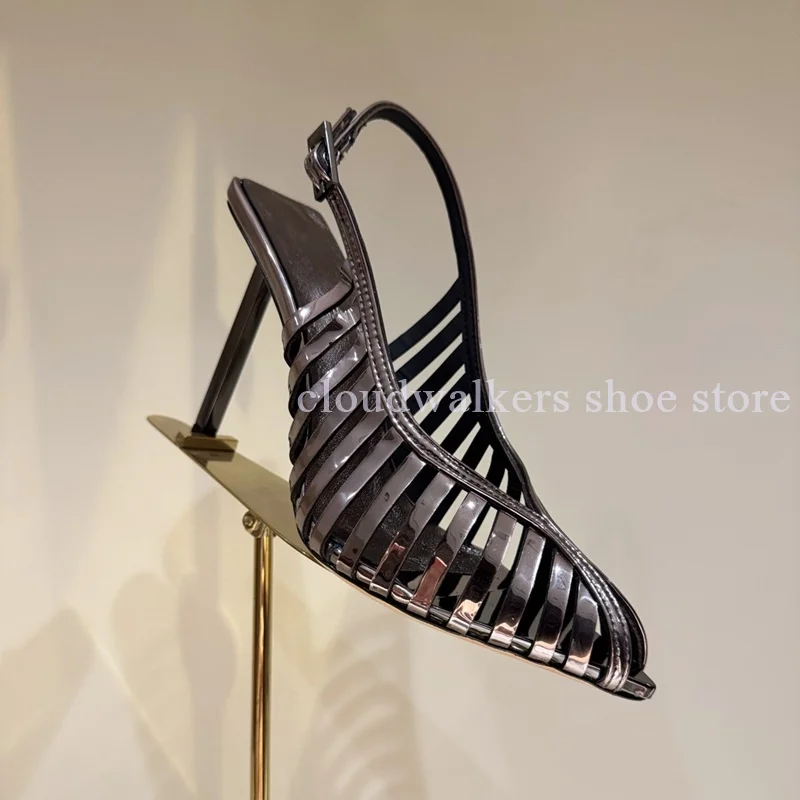 Shiny Patent Leather Three Dimensional Tailoring V-Shaped Shallow Mouth Design Sandal Sexy Metal Heel Point Toe Stiletto Sandals