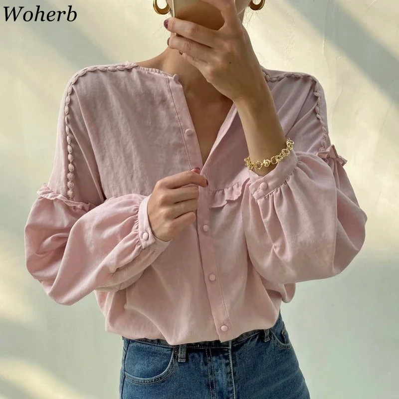 Woherb-camisa de cuello redondo para mujer, blusa informal de manga larga con volantes, a la moda coreana, 2024