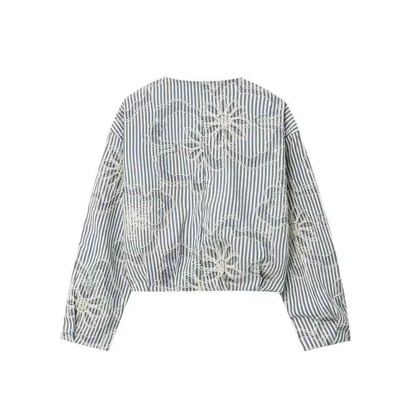 Women's Long Sve round Ne Jaet Stripe Embroidery Outerwear Spring Autumn Faion Casual Sli Thin PU Material