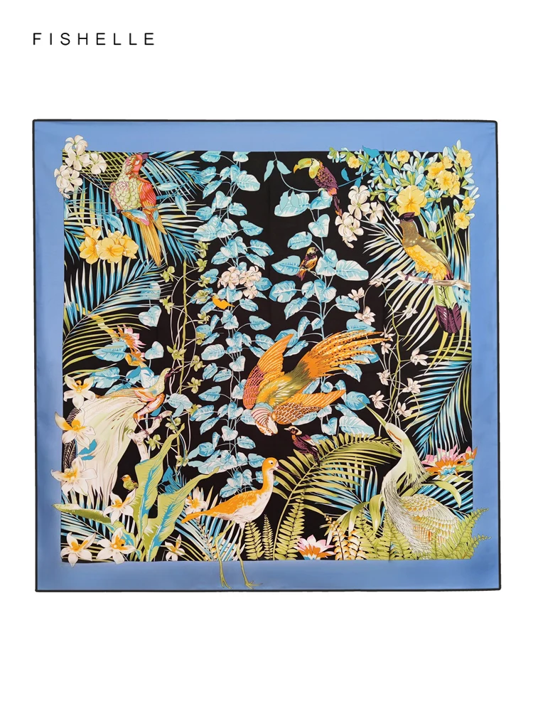 New blue border flower bird printed natural silk twill scarf women spring autumn real silk scarves ladies shawl luxury gifts