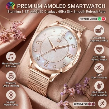 2026 Nowy Ultracienki Damski Smartwatch HD AMOLED z Pełnym Dotykowym Ekranem, Połączenia Bluetooth, Pomiar Ciśnienia Krwi, Wodoodporność IP68, NFC, Bransoletka 7.3mm