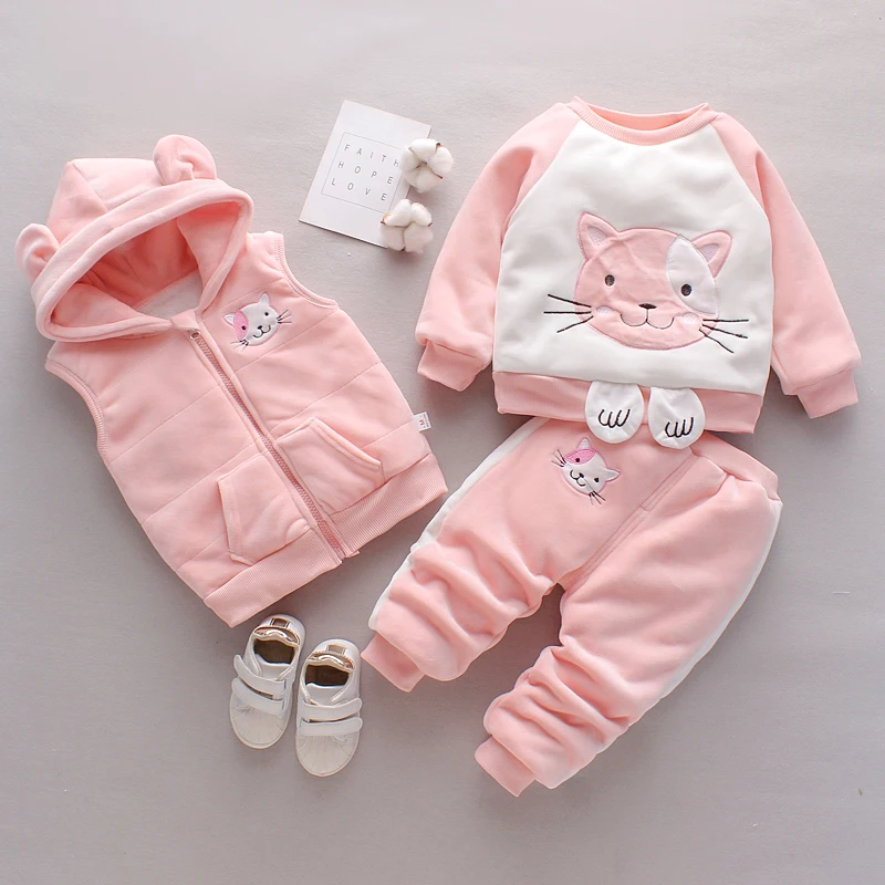 Kids Girls 3 Piece Fleece Lined Patchwork Cat Hoodie Vest Paw Pant Suit Children Warm Winter Set 80-120