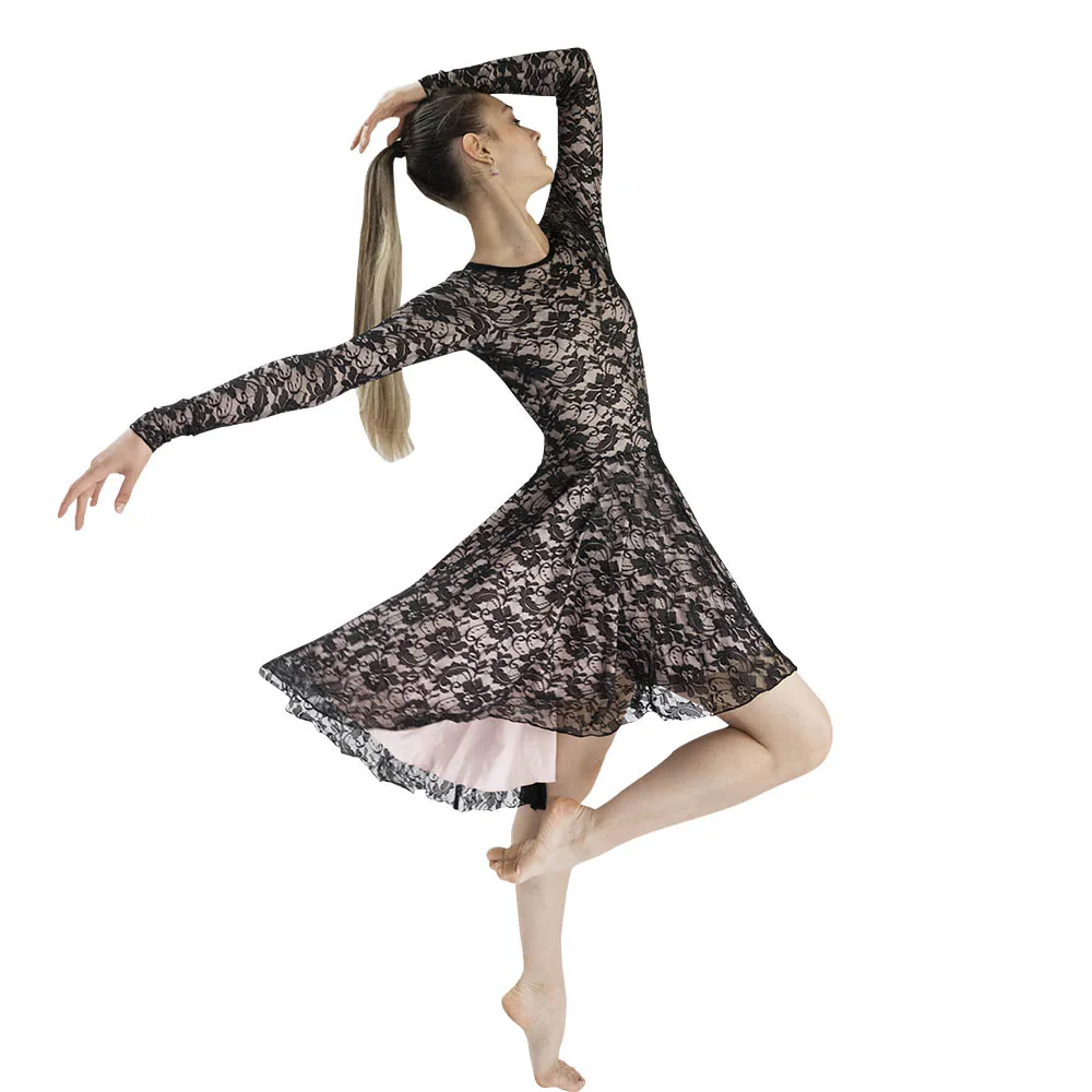 

Kids Girls HDW DANCE Nylon/Lycra and Lace 2 Layers Pull-on Skirts for Ladies and Girls Ballet Long sleeved one piece dance dress