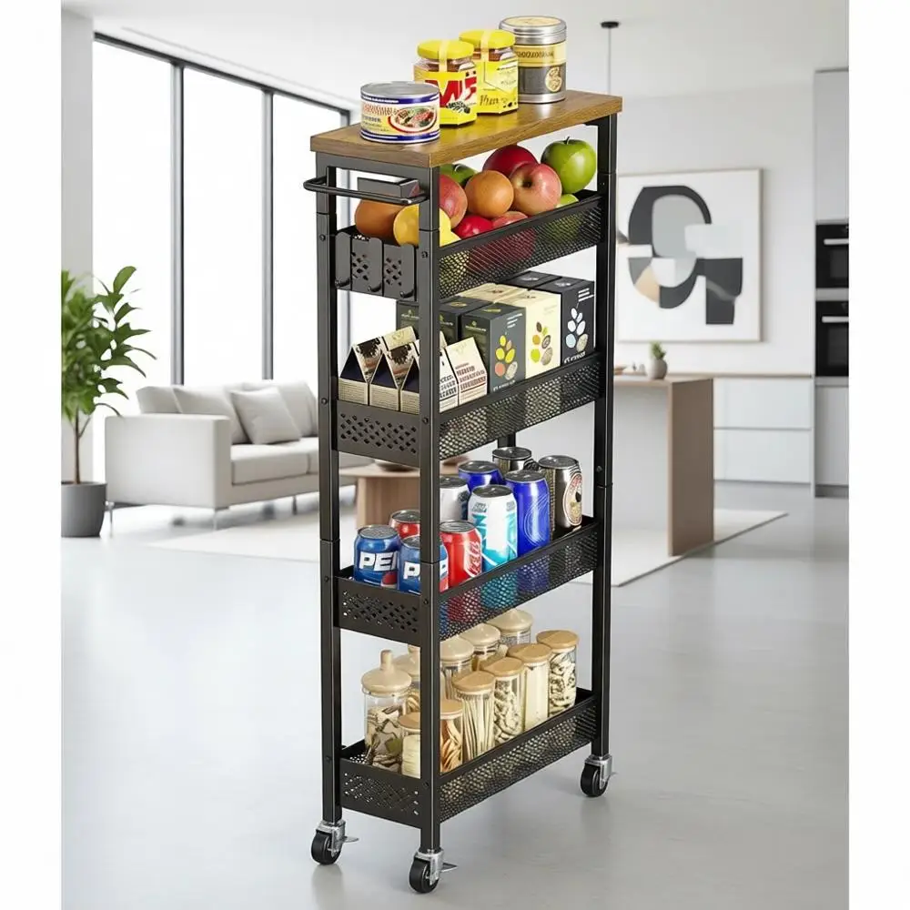 

5-уровневая передвижная кухонная тележка с деревянной столешницей для узких пространств - мобильный металлический шкаф-органайзер черного цвета