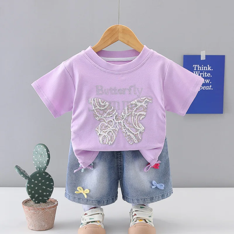 2026 New Toddler Girls 2Pcs Outfit Sequin Butterfly Print T-shirt and Bow Denim Shorts Set 0-5T Cute Kids Summer Casual Clothes