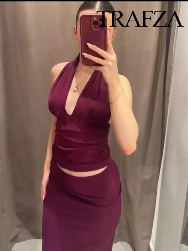 

TRAFZA Women Summer Hanging Neck Collar Sleeveless Backless Sexy Short Tops+Elegant High Waist Elastic A-Line Midi Skirt Suit