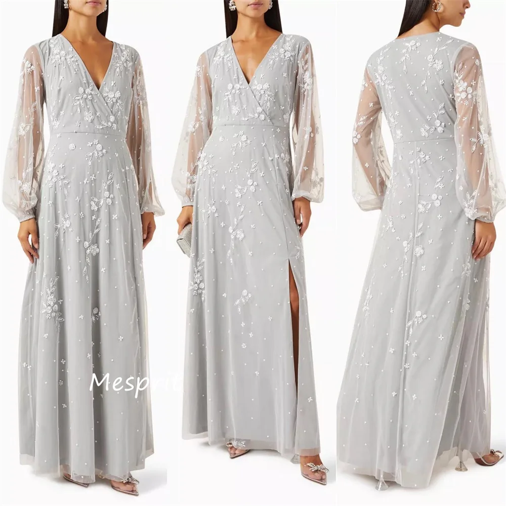 Mesprit-Robe de Soirée en Organza, Col en V, Ligne A, Perles, Paillette, Paillettes, Longueur Anke, Exquise, Élégante