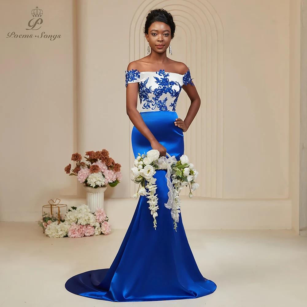 Poemssongs Elegant Off-Shoulder Mermaid Dress Luxurious Satin in Blue with Beautiful Lace Embellishments Bespoke Occasion Dress