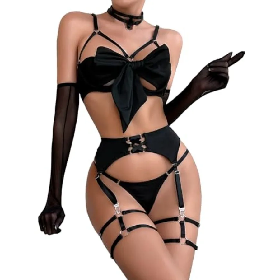 

Sexy Women Lingerie Set - Strappy Teddy Babydoll with Sheer Bralette and Panty with Garter Belt