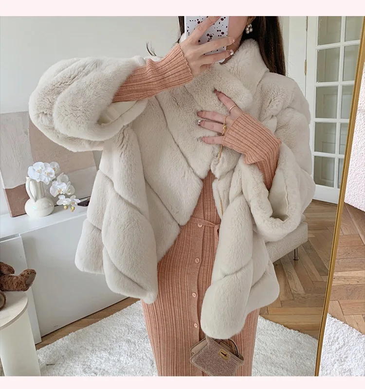 FURSHEHE Winter Women Chinchilla Fur Coat Real Rex Rabbit Fur Coat Natural Rabbit Fur Jacket Ladies Short Overcoat Fashion Wear