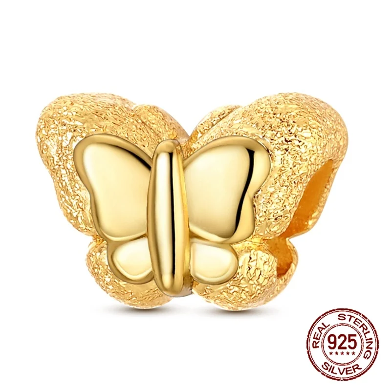 925 Sterling Silver Golden Textured Butterfly Charm Bead Polished Accent Fit European Bracelets Spring Jewelry Gift for Women