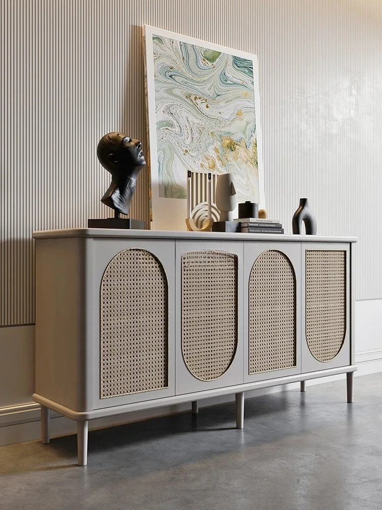 

Modern simple wabi-sabi cream style locker living room solid wood rattan wall side cabinet