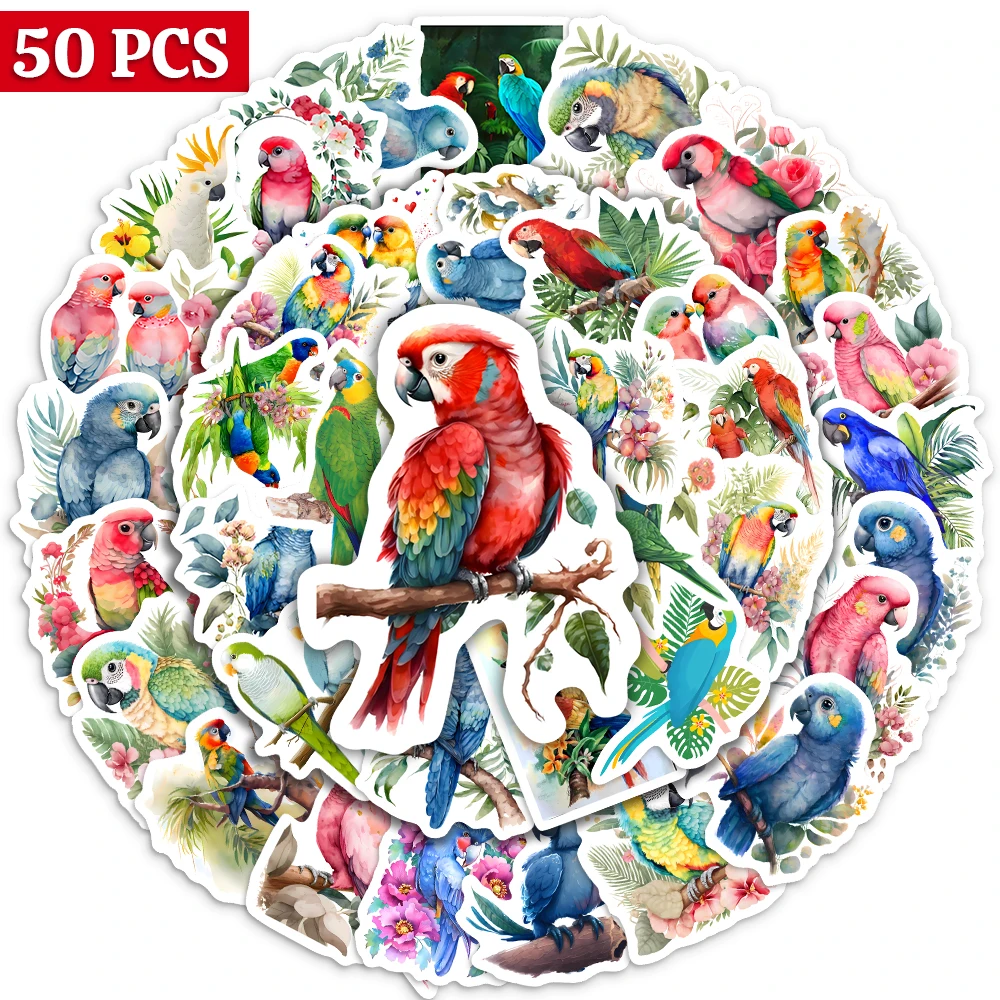 Watercolor Parrot Stickers Colorful Bird DIY for Laptop Skateboard Luggage Cup Bike Motorcycle Phone PVC Waterproof Child Toys